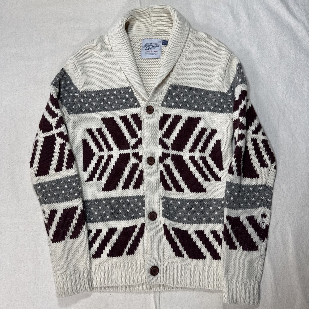 Top man Aztec Fair Island Sweater Cardigan Mens Size M Cottage Core Wool Blend
